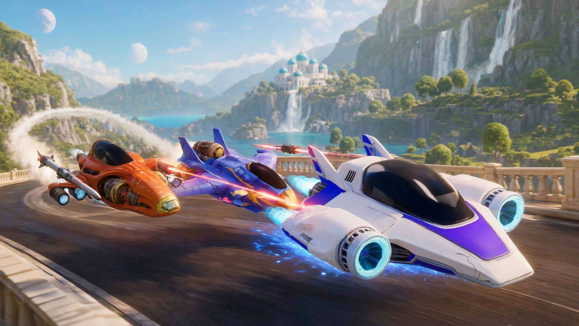 Three Flexina Star Race ships fight through the valley of waterfalls on Moka